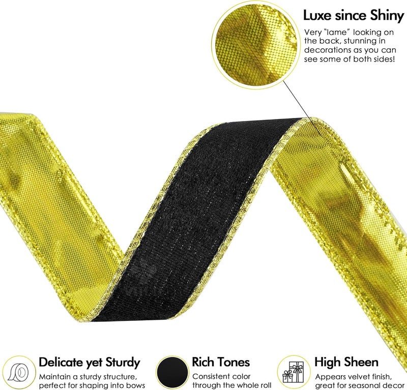 Meedee Black and Gold Velvet Ribbon - 1 Inch Thin Velvet Wired - 25 Yards Spool - Two Tone - Christmas Tree, Gift Wrapping, Wreaths, Bows, Crafts - Image 3